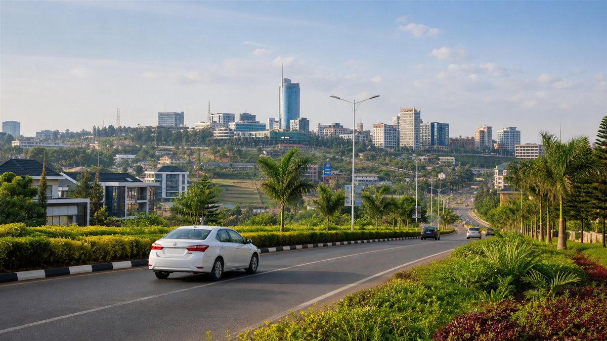 Kigali skyline and a green city boulevard with a white car