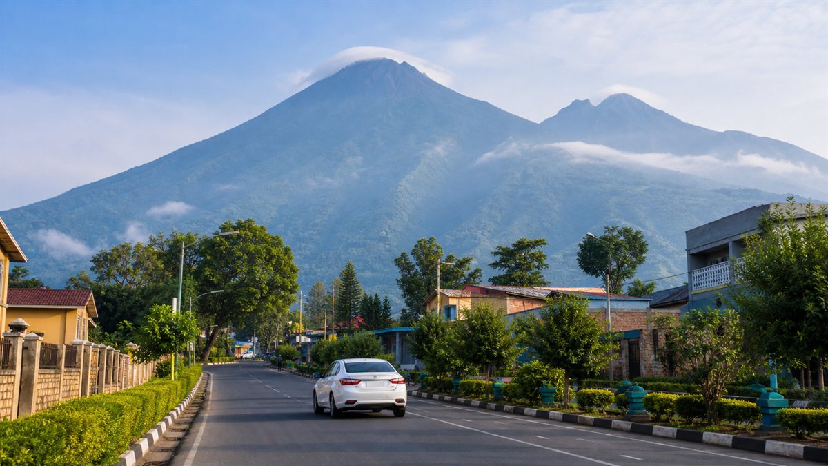 Musanze street beneath the green Virunga volcanic mountains