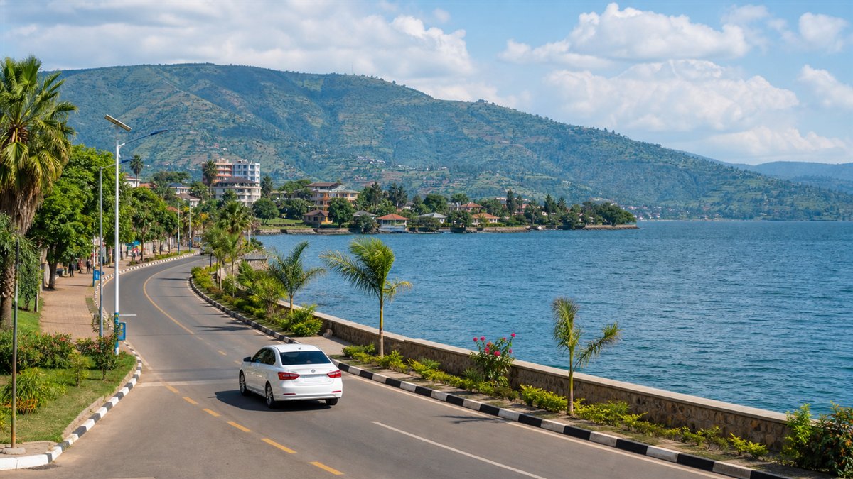 Rubavu lakeside road beside Lake Kivu with green hills beyond