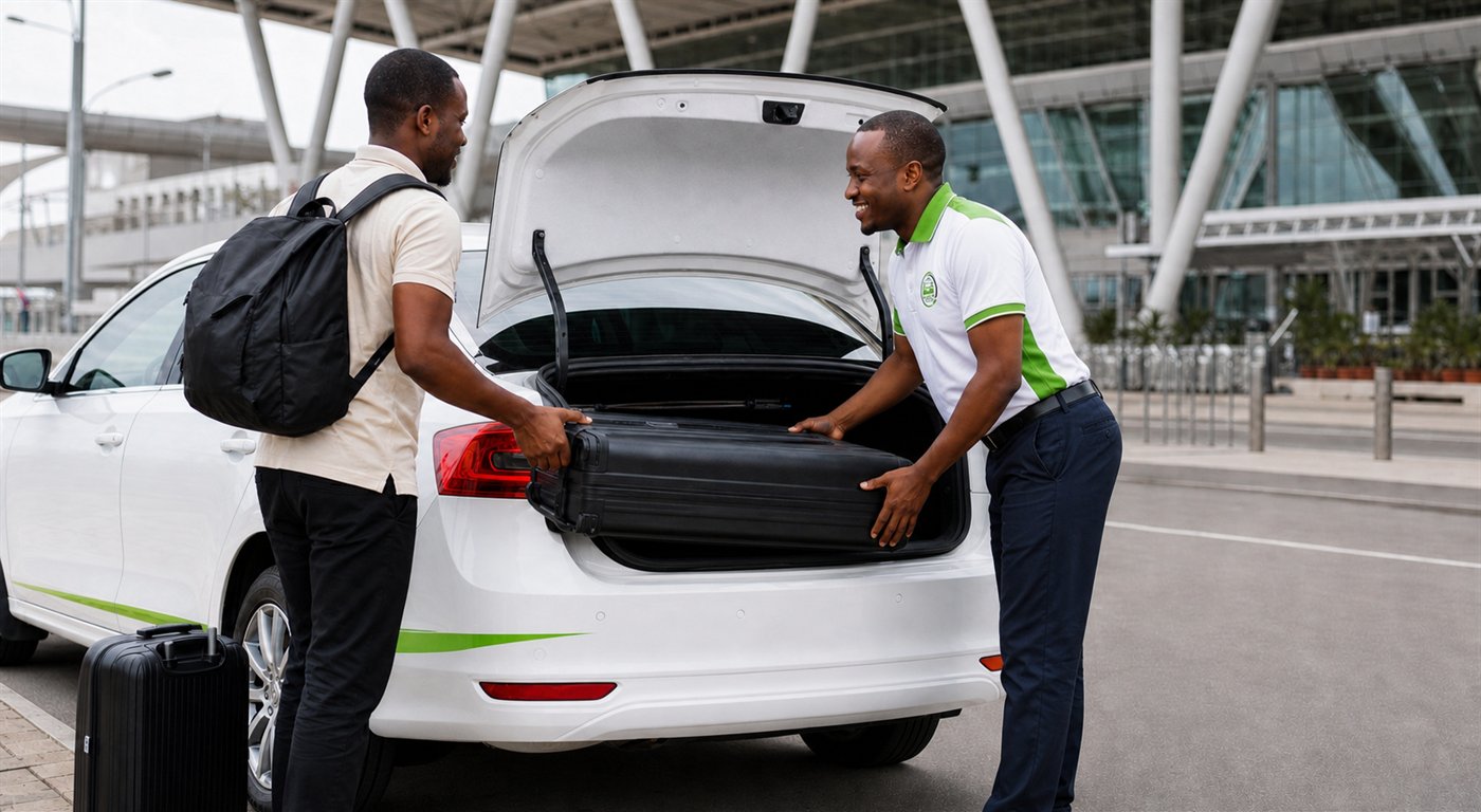 Tugende Mobility driver in a white and green uniform loading luggage into a white taxi at Kigali International Airport